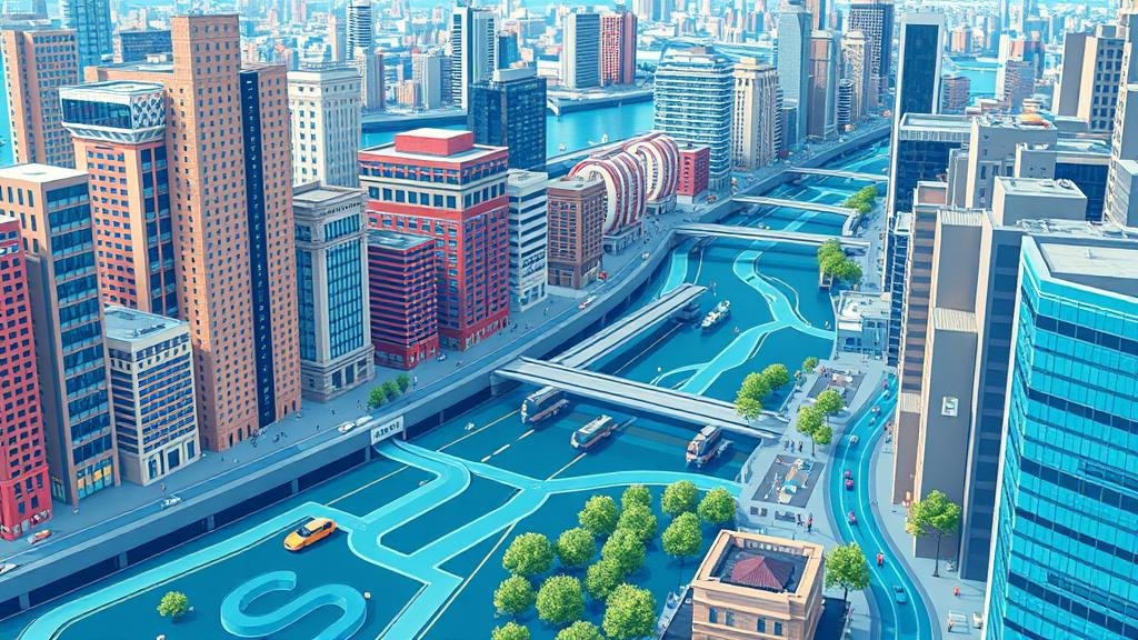 A bustling digital city with data streams flowing like rivers between buildings that represent different services and APIs.