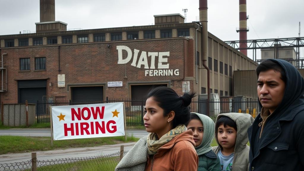 A photo of a closed factory with a 'Now Hiring' sign, while in the foreground, a family of immigrants looks on with uncertainty.