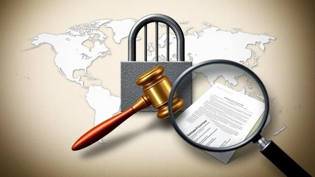 A symbolic representation of the new immigration policy, featuring a locked gate superimposed on a world map, a gavel striking down legal papers, and a magnifying glass over immigration documents, illustrating the pillars of the crackdown.