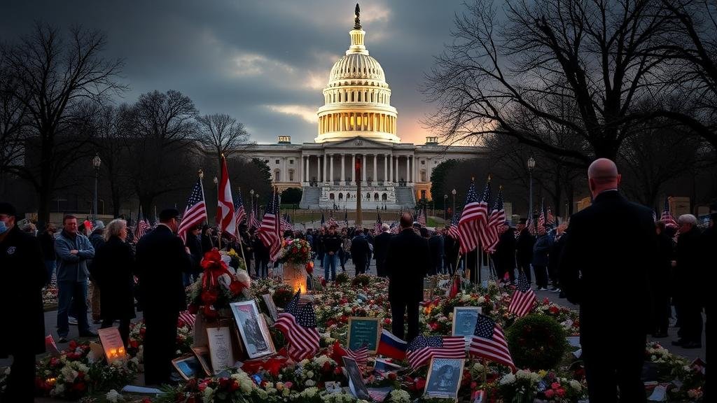 A dramatic and somber scene at a memorial in Washington D.C., with the U.S. Capitol Building in the background, symbolizing a nation in mourning and heightened security after a tragic attack.
