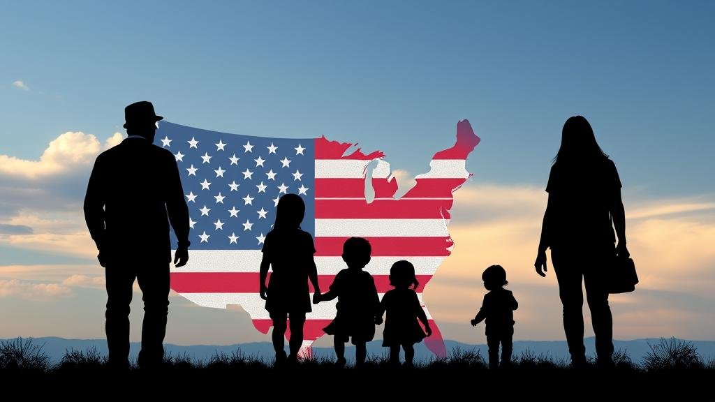 A conceptual image depicting a family's silhouette looking back towards a stylized United States, representing the idea of 'reverse migration' and the uncertainty of their future.