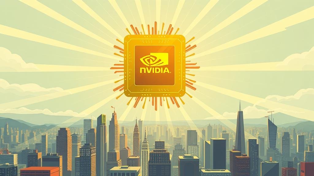 An illustration of an Nvidia chip as a sun, energizing a city of tech companies with its rays of light.