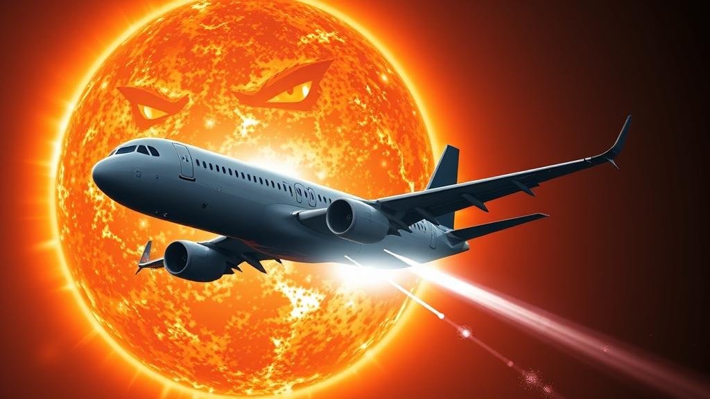 A dramatic image of an Airbus A320neo airplane flying near a large, stylized sun that has an angry face. Solar flares are erupting from the sun's surface, reaching for the plane.