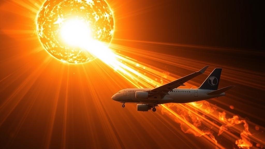 A powerful solar flare erupting from the sun, with energy waves traveling towards an Airbus A320neo, highlighting the aircraft's sensitive electronic systems.