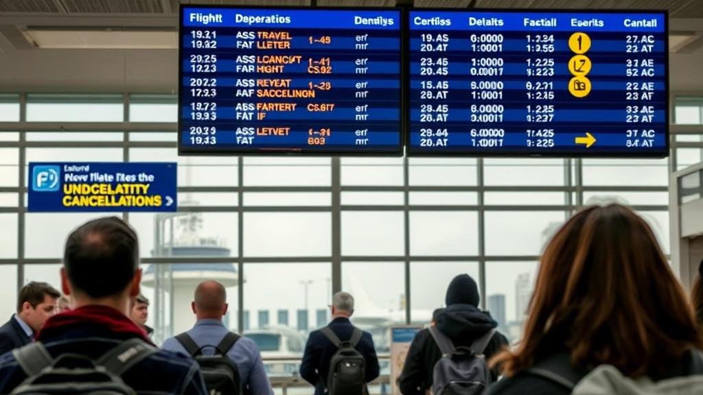 An airport scene with a departures board showing flight delays and cancellations, with passengers looking on, illustrating the potential travel disruptions caused by the grounding of aircraft for updates.