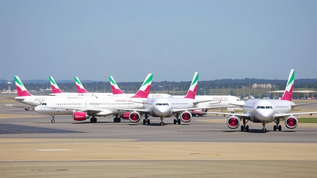 A fleet of Airbus A320neo family aircraft on the tarmac, representing the up to 6,000 jets worldwide that require the critical software update.