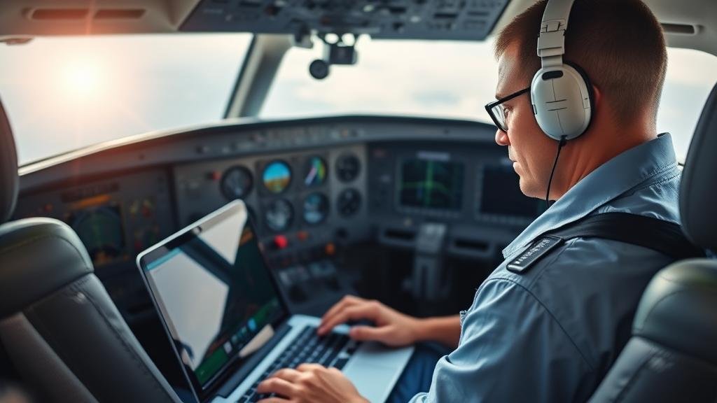 A close-up of a technician in an aircraft cockpit, with a laptop connected to the flight control systems, symbolizing the software update process to mitigate the solar radiation risk.