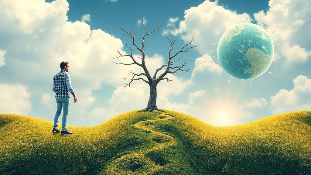 A branching path for Artificial Intelligence. One path leads to a cold, sterile world of automation where robots replace human workers. The other path leads to a bright, collaborative future where AI acts as a helpful assistant to a teacher personalizing lessons for students.