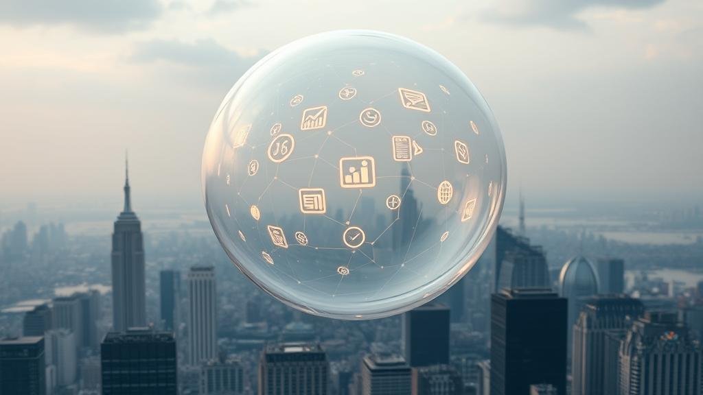 A large, shimmering, and fragile bubble floating over a city skyline with glowing AI and stock icons inside.