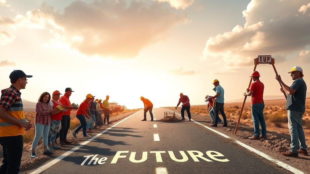 An optimistic and forward-looking image of a diverse group of people building a road together. The road, labeled 'The Future,' is paved with symbols of economic fairness, inclusive institutions, and pro-worker technology, leading towards a brighter horizon.