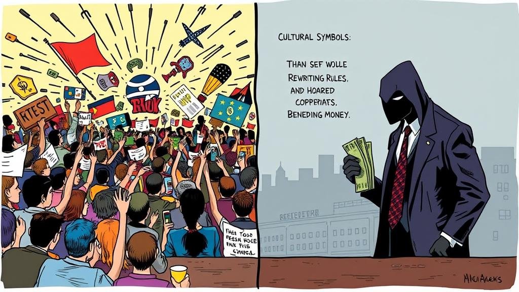 An illustration depicting a split-screen. On one side, a chaotic scene of people arguing about cultural symbols. On the other side, a shadowy figure in a suit quietly rewriting rules and hoarding money, representing corporate lobbyists benefiting from the distraction.