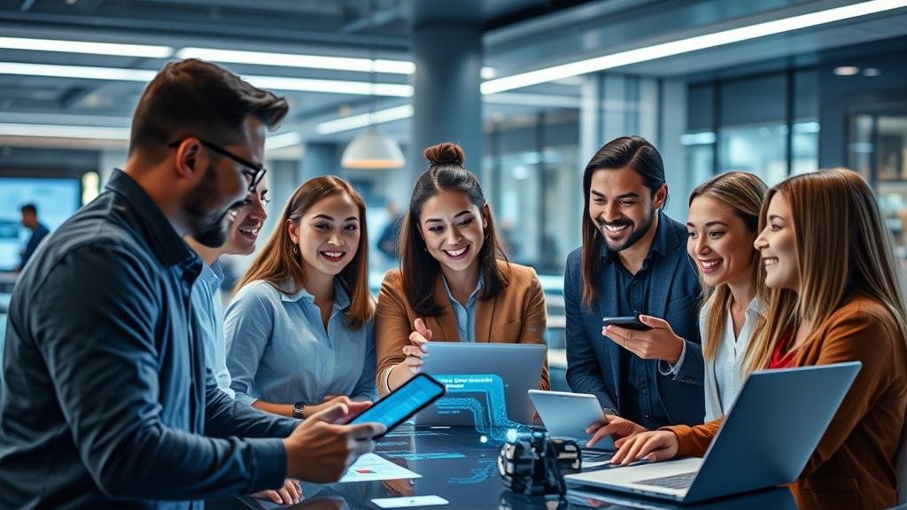 A split-screen image showing a person working comfortably from a home office on one side, and a group of colleagues collaborating in a modern, bright office on the other. A subtle digital line connects the two halves, symbolizing the link between remote and in-office work.