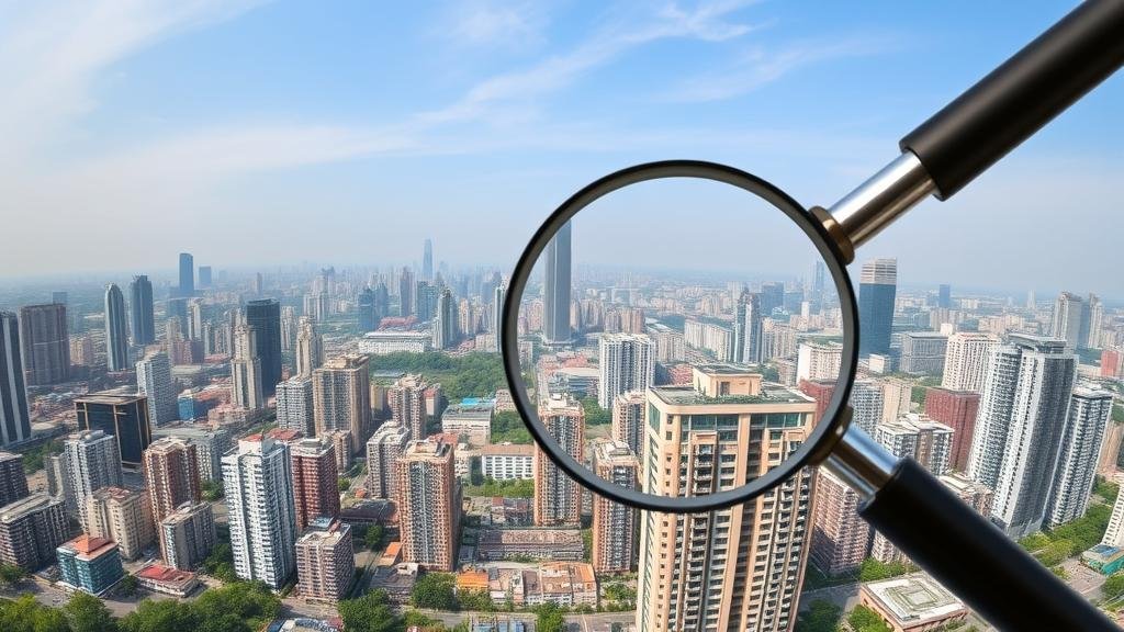 A panoramic shot of the Beijing skyline with a magnifying glass hovering over a residential high-rise, symbolizing the city-wide inspection campaign.