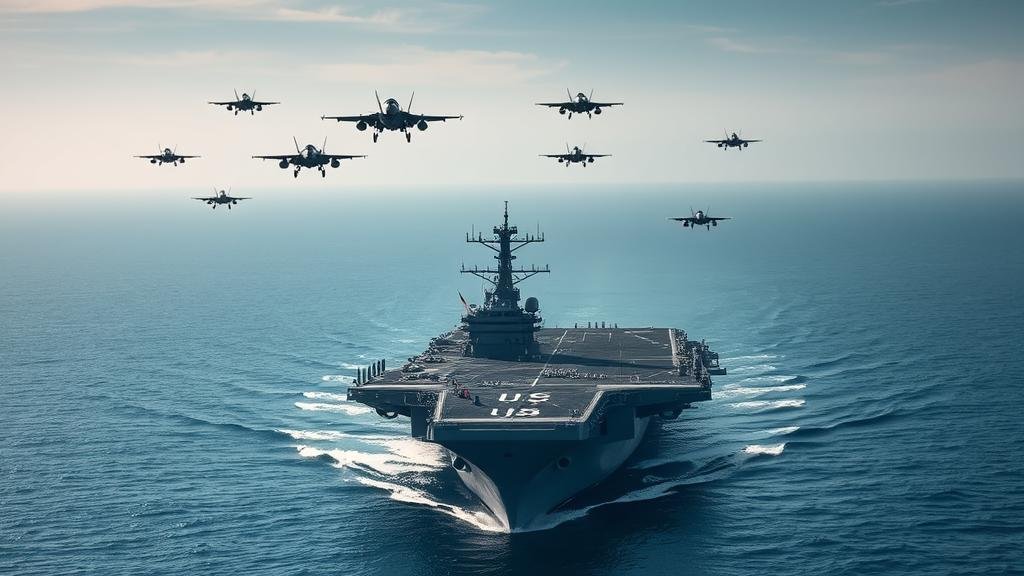 A U.S. aircraft carrier strike group patrolling the Strait of Hormuz with fighter jets taking off, conveying military readiness.