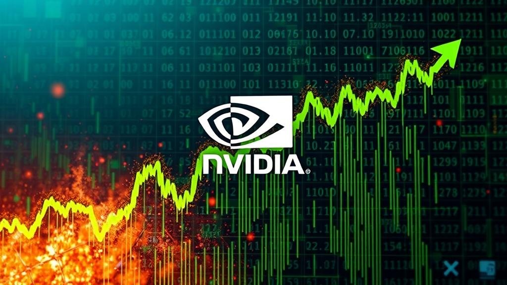 A chart showing a stock price exploding upwards with the Nvidia logo at the center, with binary code and motherboard traces in the background.