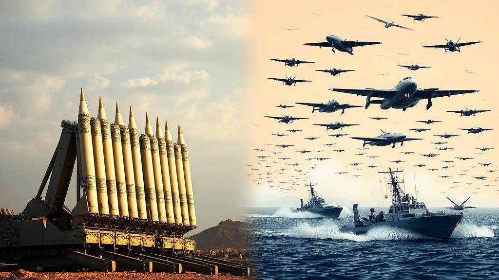 A split image showing Iran's ballistic missiles on one side and a swarm of fast naval boats and drones on the other, representing their military tactics.