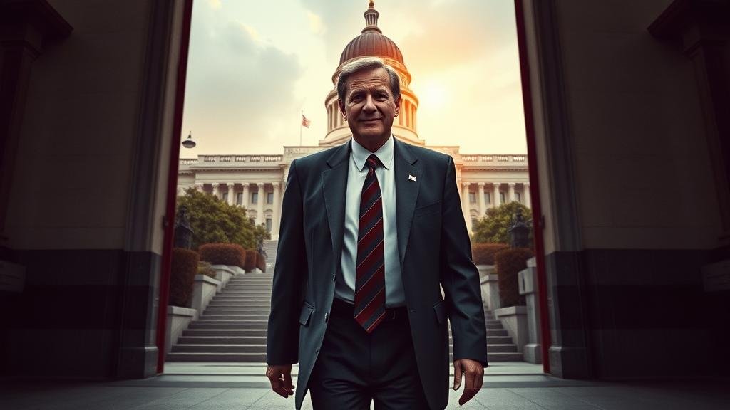 A cinematic, movie-poster-style image of a man in a suit walking away from a government building, symbolizing the dramatic departure of a key political figure.