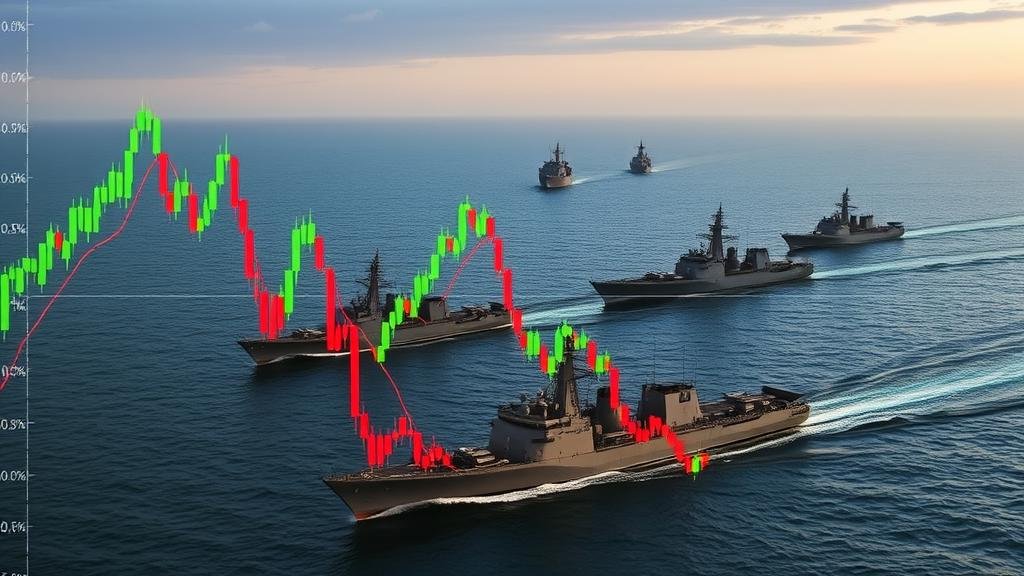 A dynamic composition of US military assets including an F-35 fighter jet, a THAAD missile launcher, and an aircraft carrier strike group.