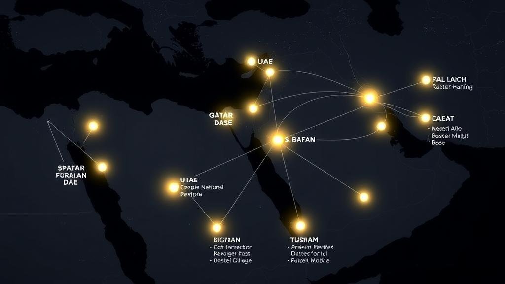 Infographic-style map of the Middle East showing the network of key US military bases in Qatar, UAE, and other strategic locations.