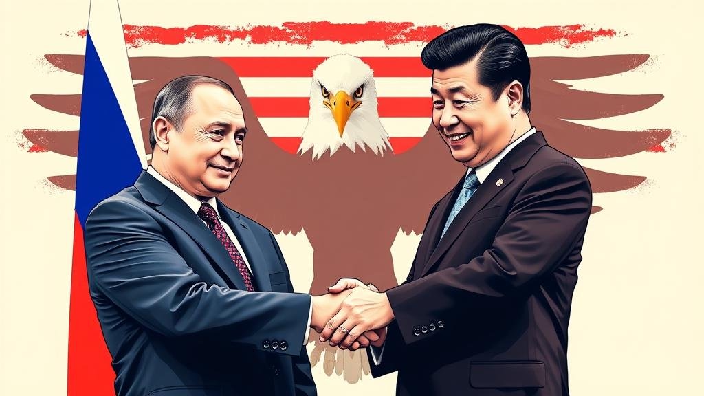 A stylized image of Russian President Vladimir Putin and Chinese President Xi Jinping shaking hands in front of their respective flags, with a subtle but imposing shadow of a bald eagle in the background, symbolizing their partnership to counter US influence.