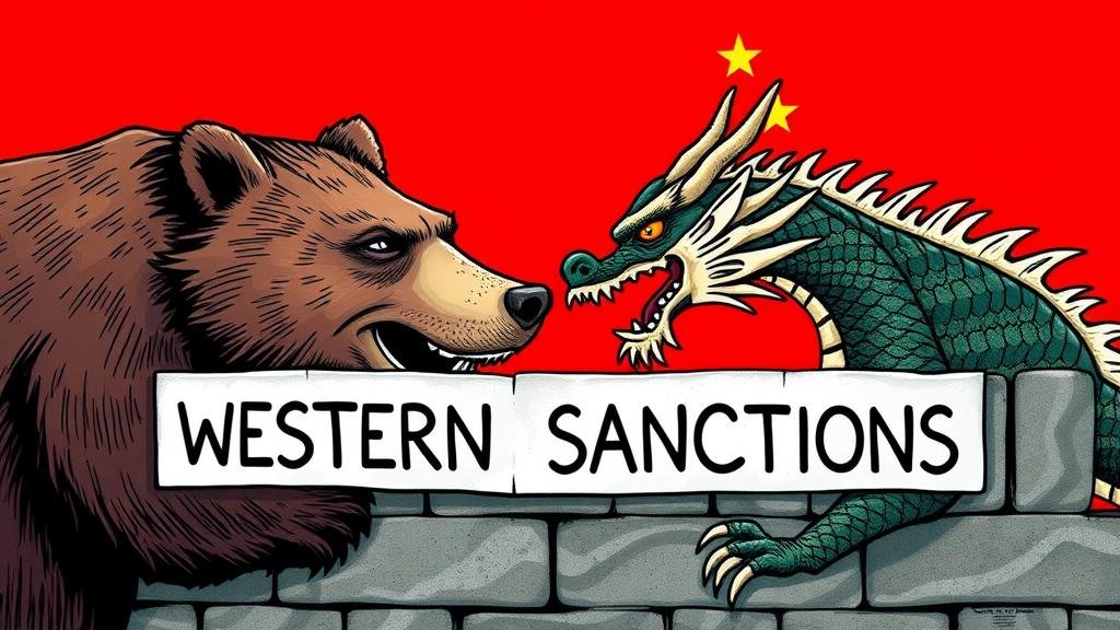 A metaphorical image of a Russian bear and a Chinese dragon being pushed together by a wall labeled 'Western Sanctions,' forming a powerful alliance to break through the barrier.