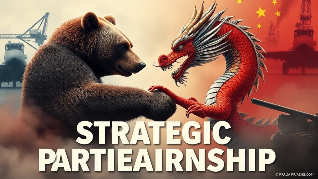A movie-poster style image of a Russian bear and a Chinese dragon shaking hands, symbolizing their 'Strategic Partnership,' with military and industrial elements in the background.