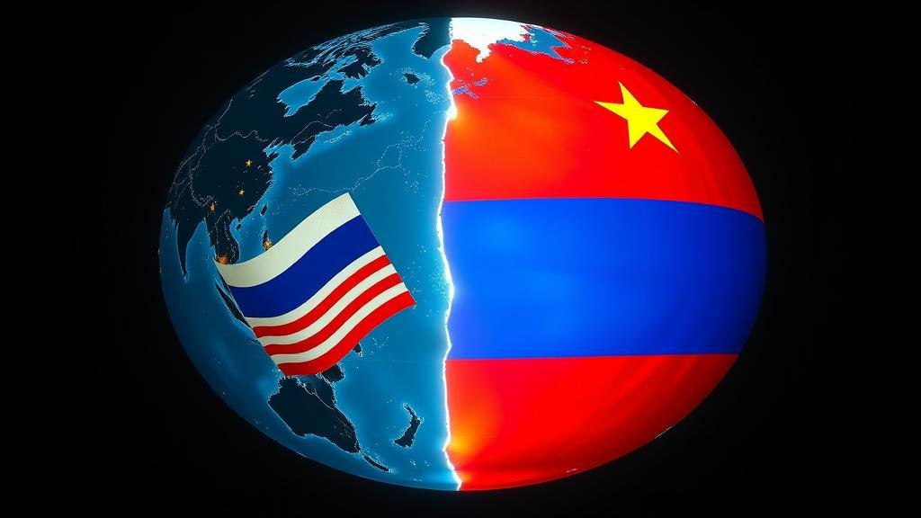 An image of the globe split into two distinct halves. One side glows with the flags of Western democratic nations, while the other side is illuminated by the flags of Russia and China, representing a new era of global power rivalry.