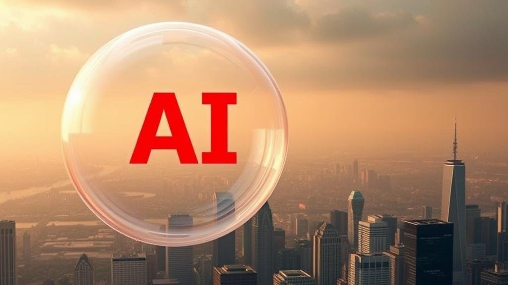 An image depicting the fear of an AI bubble, with a large, translucent bubble with the letters AI inside, floating precariously over a cityscape representing the stock market.