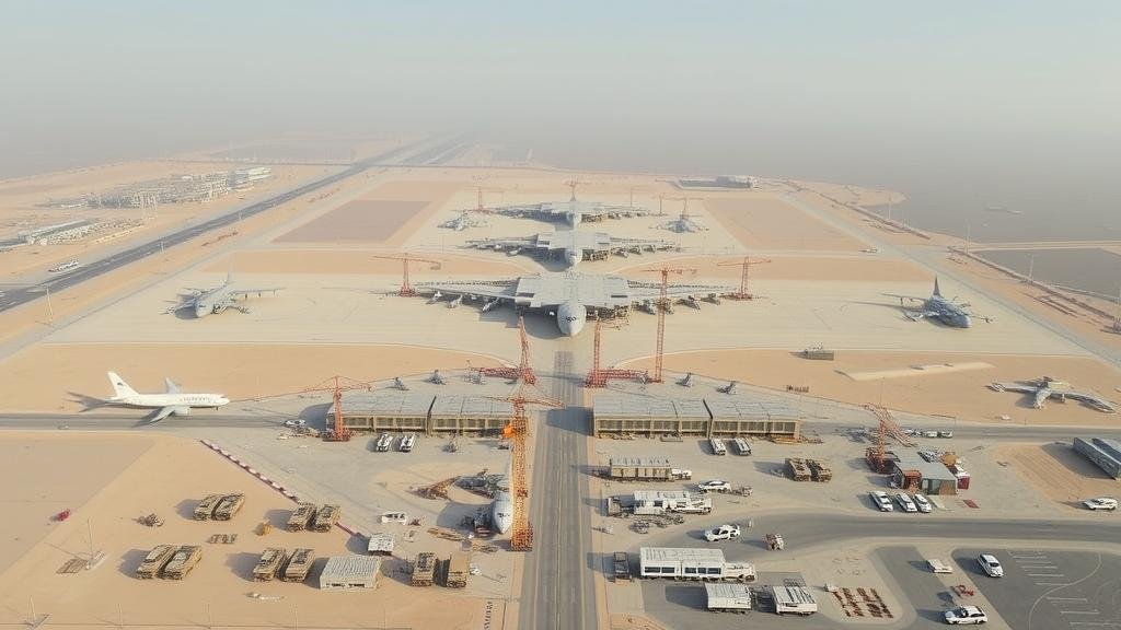 A wide-angle shot of a major US military airbase in the Middle East, with cranes and construction vehicles visible, symbolizing a major upgrade and a deepened strategic partnership with the host country, Qatar.