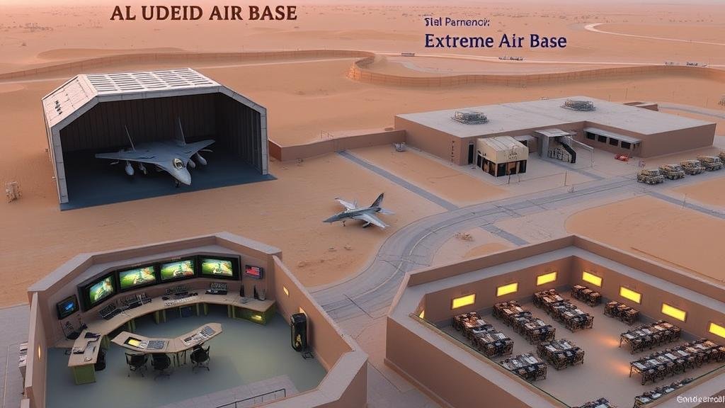 A detailed view of the upgrades at Al Udeid Air Base, showing new hardened aircraft shelters, a state-of-the-art command and control facility with glowing screens, and modern barracks for troops, showcasing a military 'extreme makeover'.