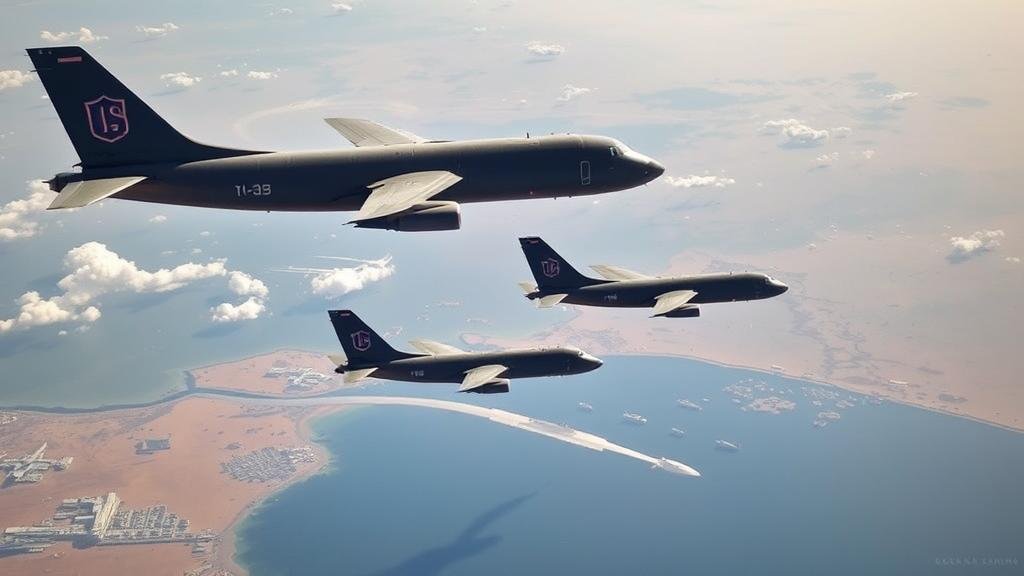 An intense scene in the Middle East, with US KC-135 tankers flying over the Strait of Hormuz, symbolizing the protection of global commerce and regional stability against a backdrop of geopolitical tensions.
