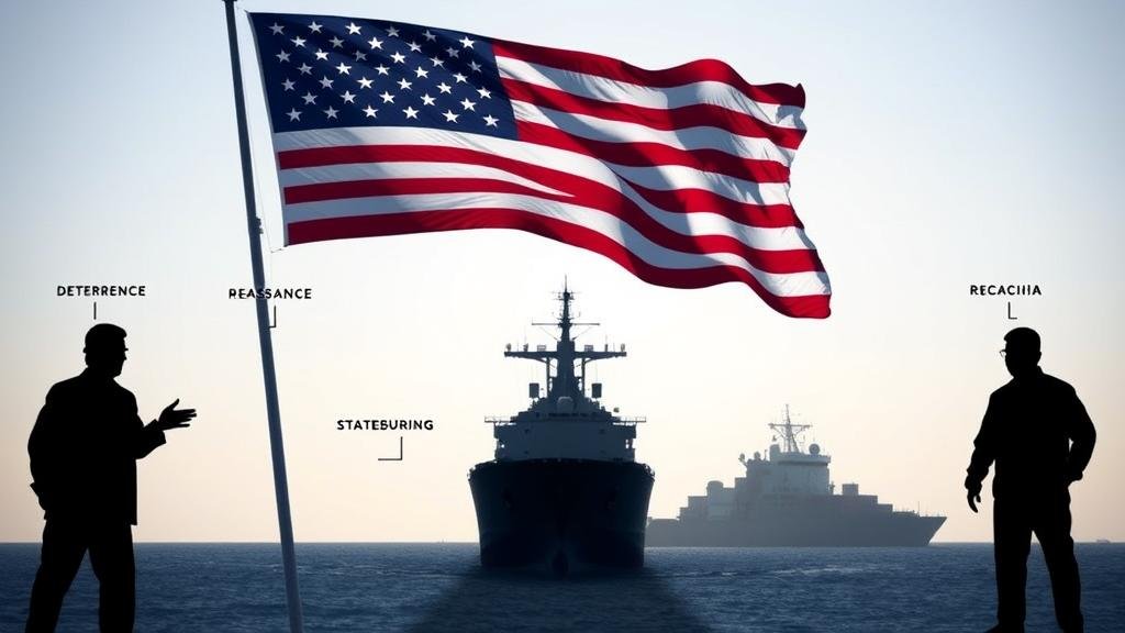 A symbolic image representing the three-pronged US strategy: a large American flag casting a protective shadow over a commercial oil tanker and cargo ship, with shadowy figures representing Russia and China in the background, illustrating the concepts of Deterrence, Reassurance, and Strategic Posturing.