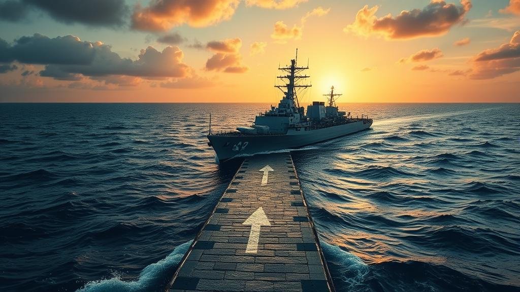 A Nimitz-class aircraft carrier strike group, flanked by guided-missile cruisers and destroyers, sailing through the Eastern Mediterranean. Squadrons of F-35 fighter jets fly in formation overhead, projecting a sense of power and readiness.