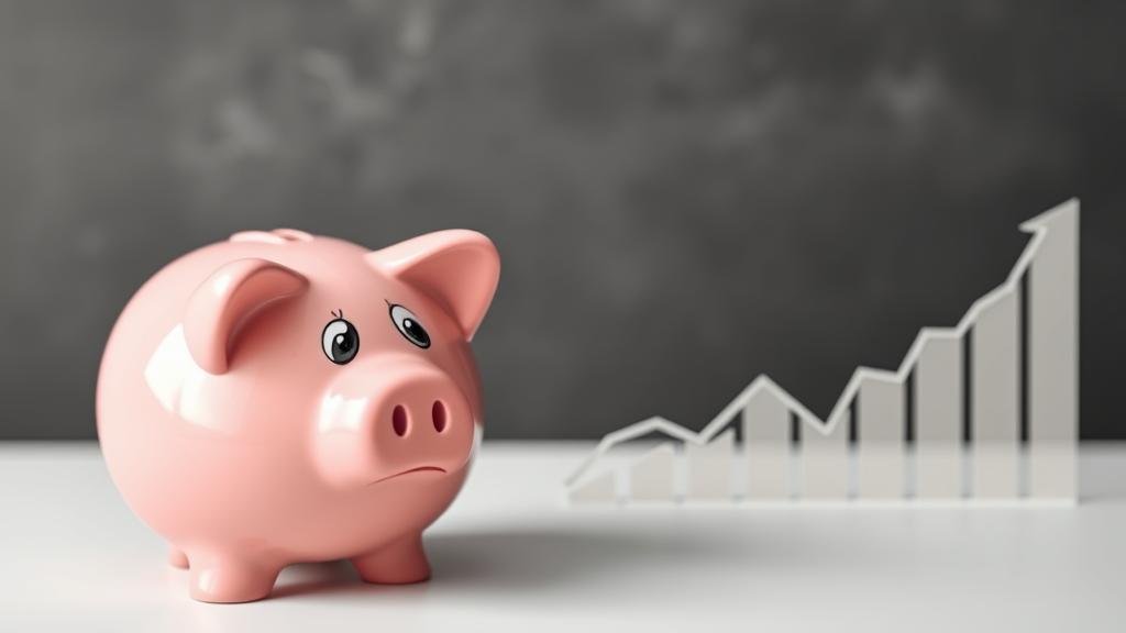 A worried piggy bank looking at a downward trending line graph.