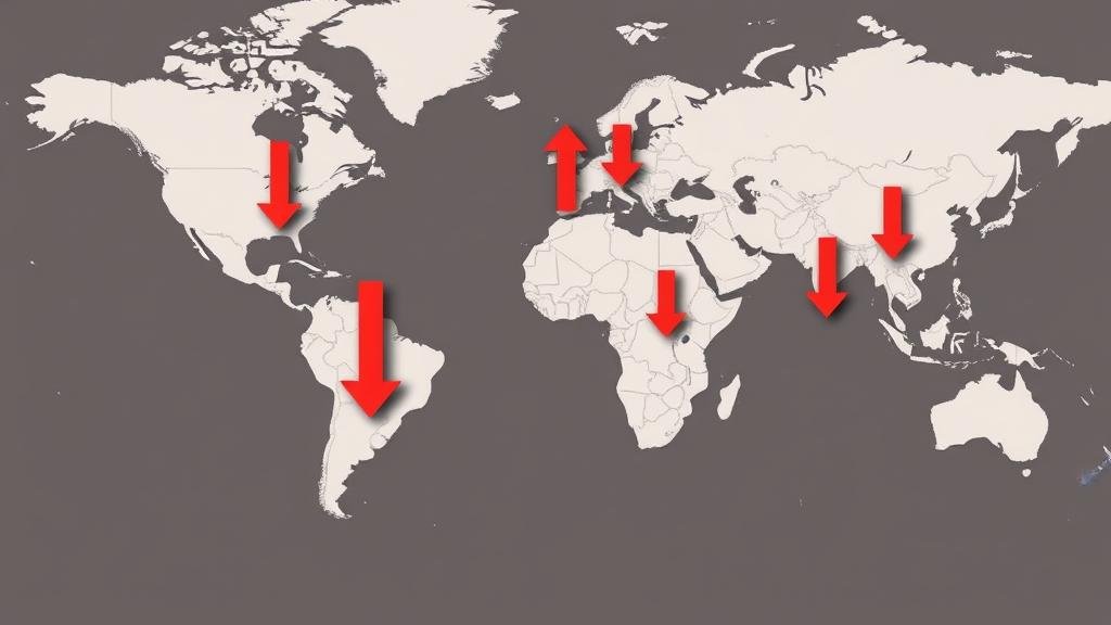 A world map with downward-pointing arrows over various continents, symbolizing a widespread economic downturn.