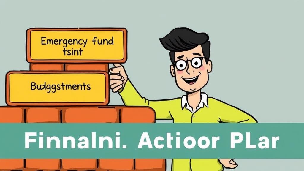 A person confidently building a brick wall labeled with Emergency Fund, Budgeting, and Investments.