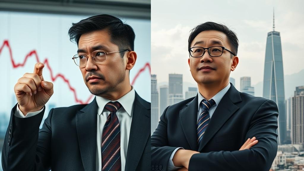 A dynamic split-screen image. On the left, a concerned business person looks at a downward-trending stock chart with 'USA' in the background. On the right, the same person looks hopeful while viewing an upward-trending chart with the Hong Kong skyline.
