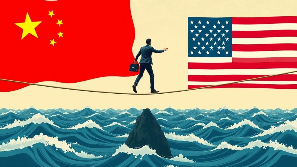 A tightrope walker balances on a rope stretched between Chinese and U.S. flags over a turbulent sea, representing the geopolitical risk of IPOs.