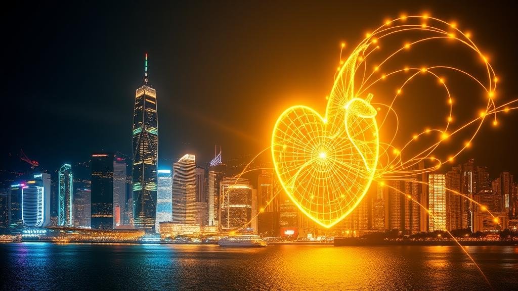 An allegorical image of the Hong Kong skyline as a powerful, beating heart, with golden lines of financial data flowing from China to the globe.