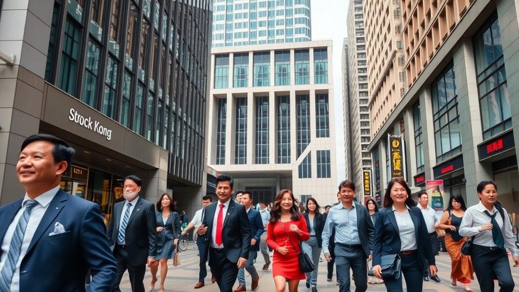 A bustling street-level view of Hong Kong's financial district with confident professionals and modern architecture, conveying economic optimism.