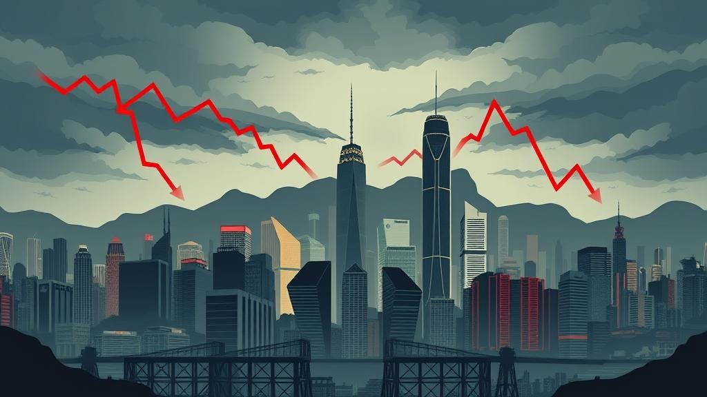 A stylized illustration of a bear market, with charts pointing down, surrounding the iconic Hong Kong skyline.