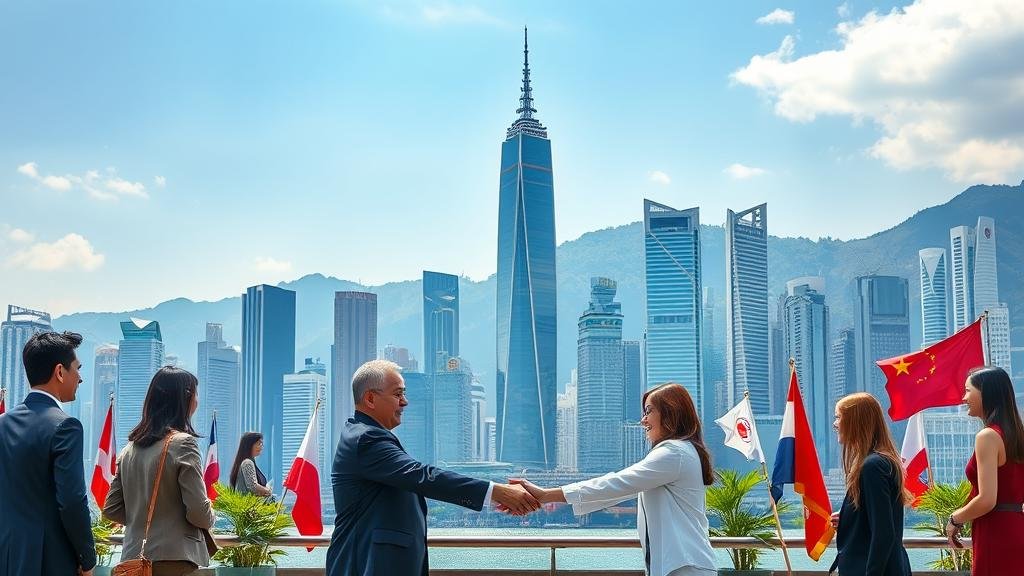 A bright and optimistic image of the Hong Kong skyline with several international flags flying. People from diverse backgrounds are shaking hands in the foreground, symbolizing new global partnerships.
