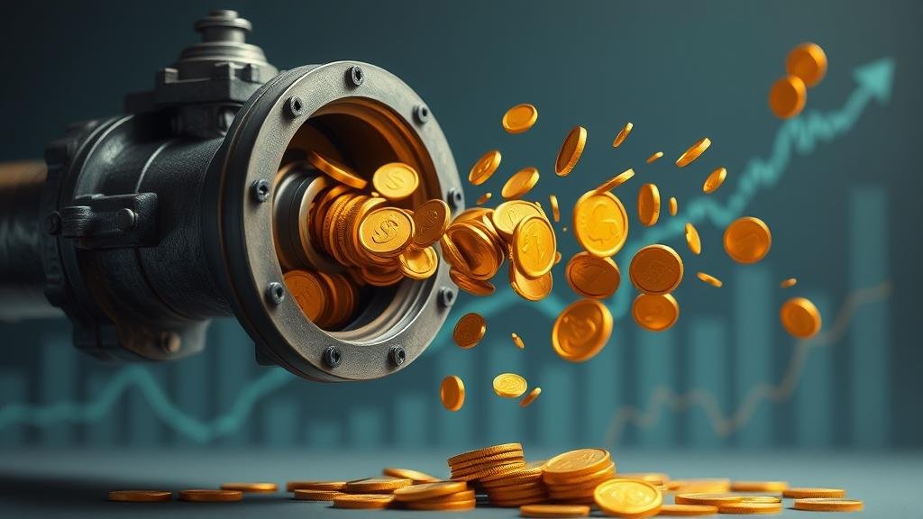 A metaphorical release valve shooting out golden coins and stock tickers against a chart backdrop, representing investor monetization.
