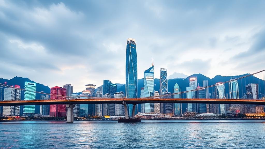A modern bridge connecting mainland China to the world, with Hong Kong as the central pillar, symbolizing its role as a gateway to global capital.