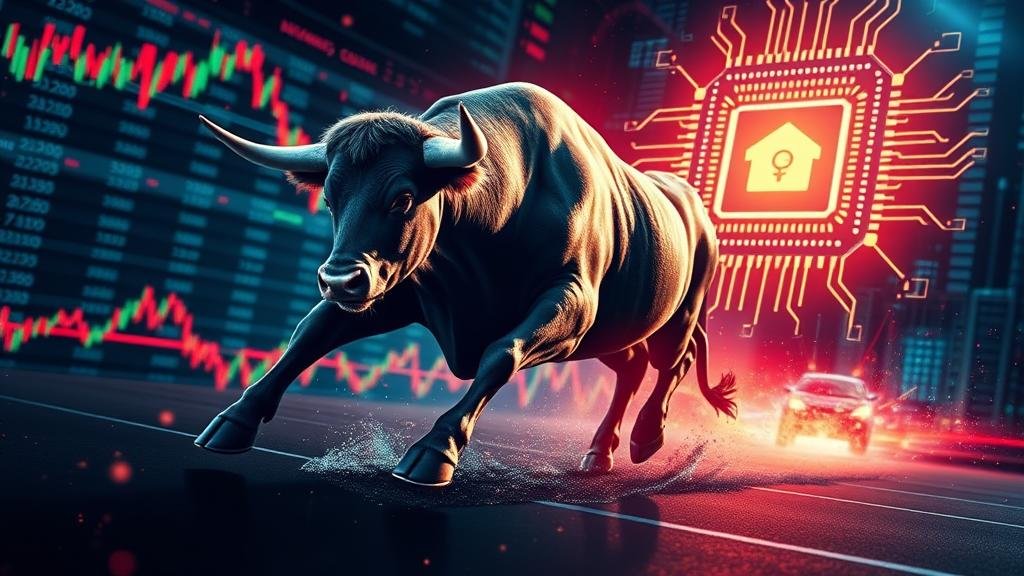 A dynamic image of the stock market, with a bull charging forward, representing the surge in tech stocks, and a glowing chip in the background, symbolizing the hero chipmaker.
