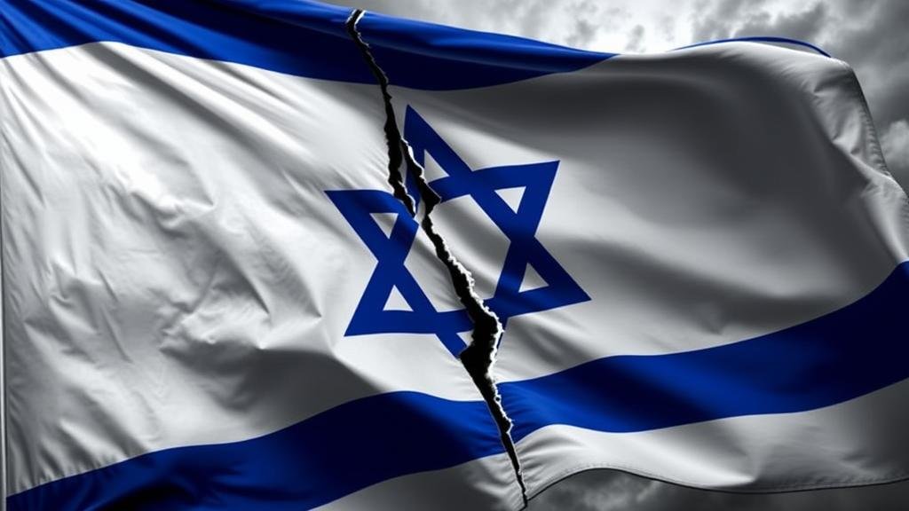 A high-contrast, dramatic image of the Israeli flag with a crack running through the Star of David, symbolizing the deep political and social divisions. The background could be a stormy sky, representing the current political turmoil.