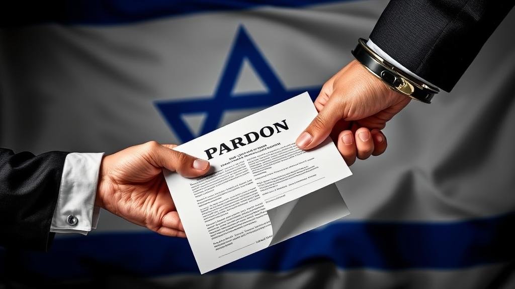 A dramatic image of a hand extending a pardon document towards another hand in handcuffs, with the Israeli flag in the background.