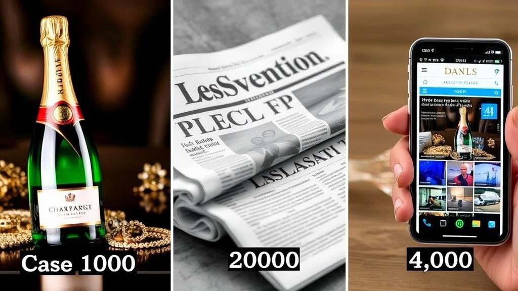 A montage of three images: one with champagne and jewelry, another with a newspaper, and a third with a mobile phone displaying a news website, representing the three corruption cases (Case 1000, 2000, and 4000).