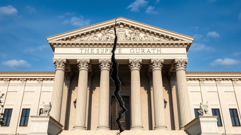 An image of the Israeli Supreme Court building with a large crack running down the facade, symbolizing potential damage to the rule of law.