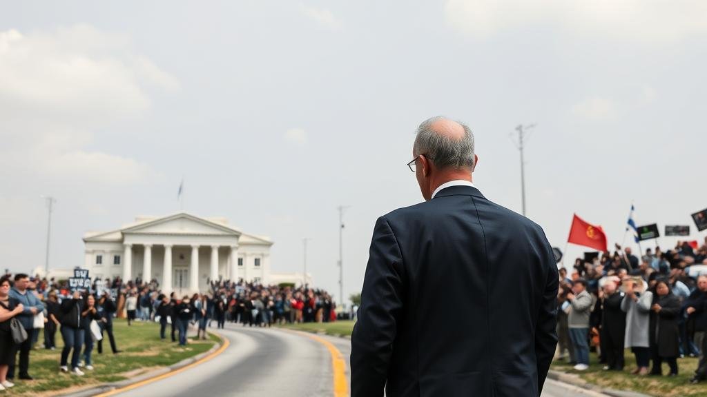 A man in a suit standing at a crossroads, symbolizing President Herzog's difficult decision.